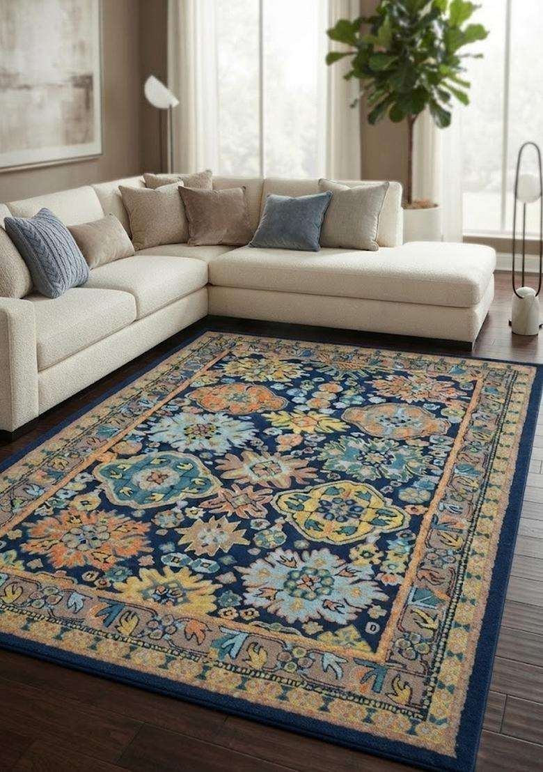 Saffron Rugs Navy Blue Oriental Floral Hand Tufted Wool Rectangular Rug - Indya