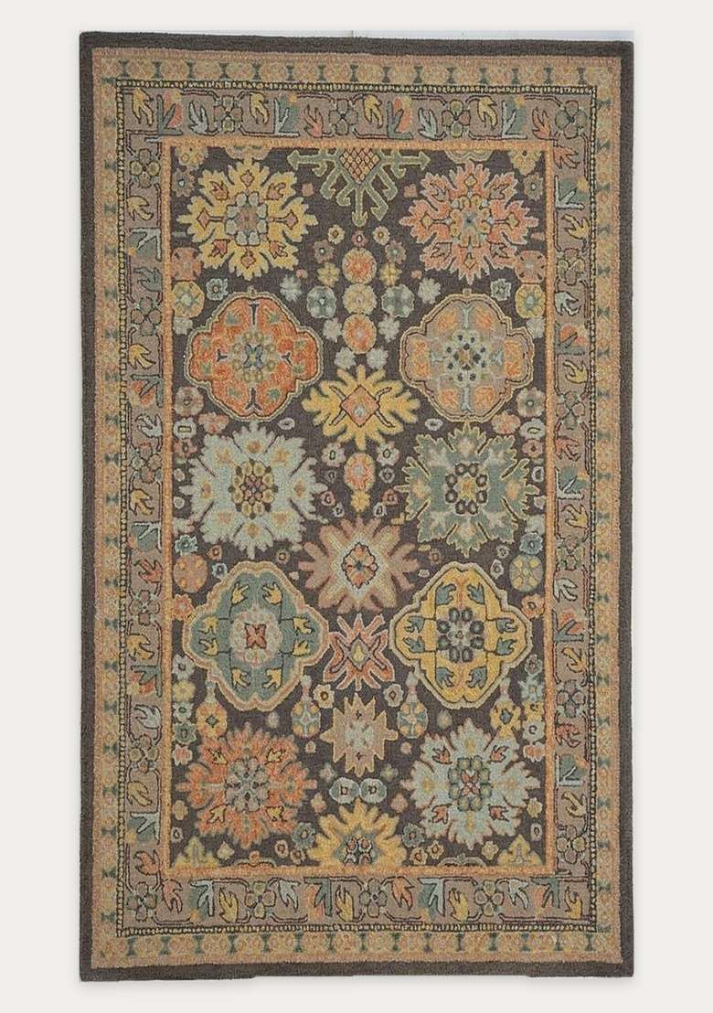 Saffron Rugs Dark Charcoal Oriental Floral Hand Tufted Wool Rectangular Rug - Indya