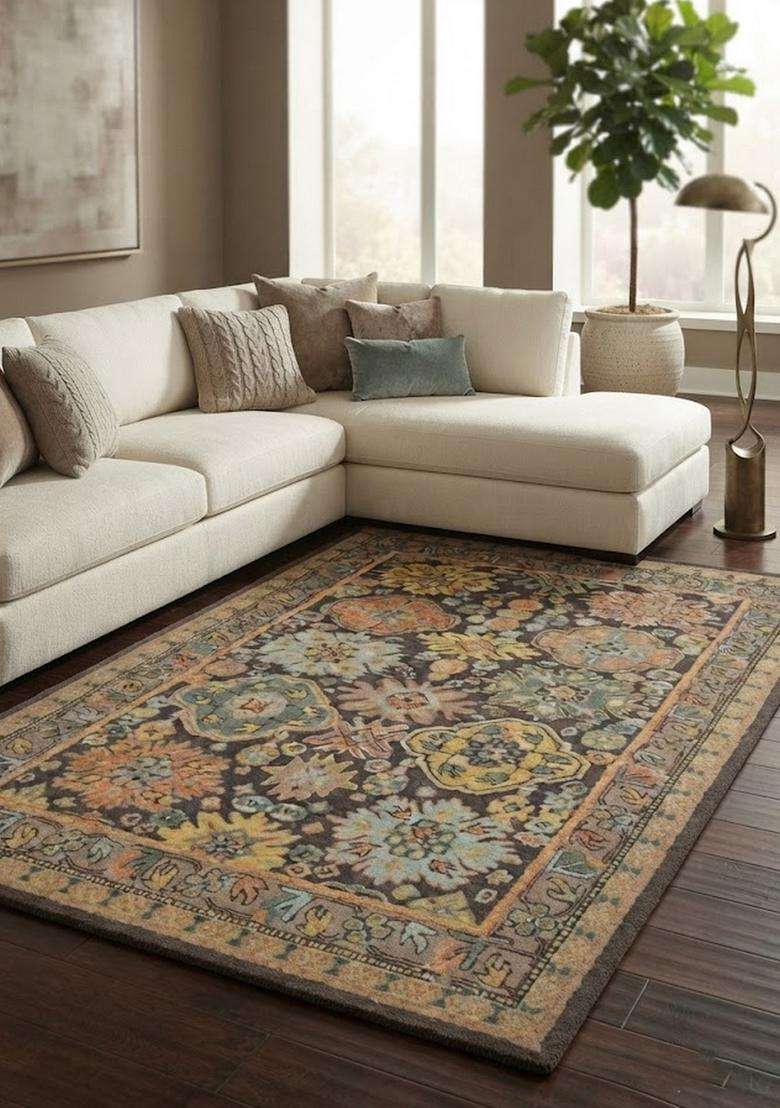 Saffron Rugs Hand-Tufted 100% Wool Area Rug | Dark Charcoal Rectangular Rug | Cotton Backing | Oriental Floral Carpet for Living Room - Indya