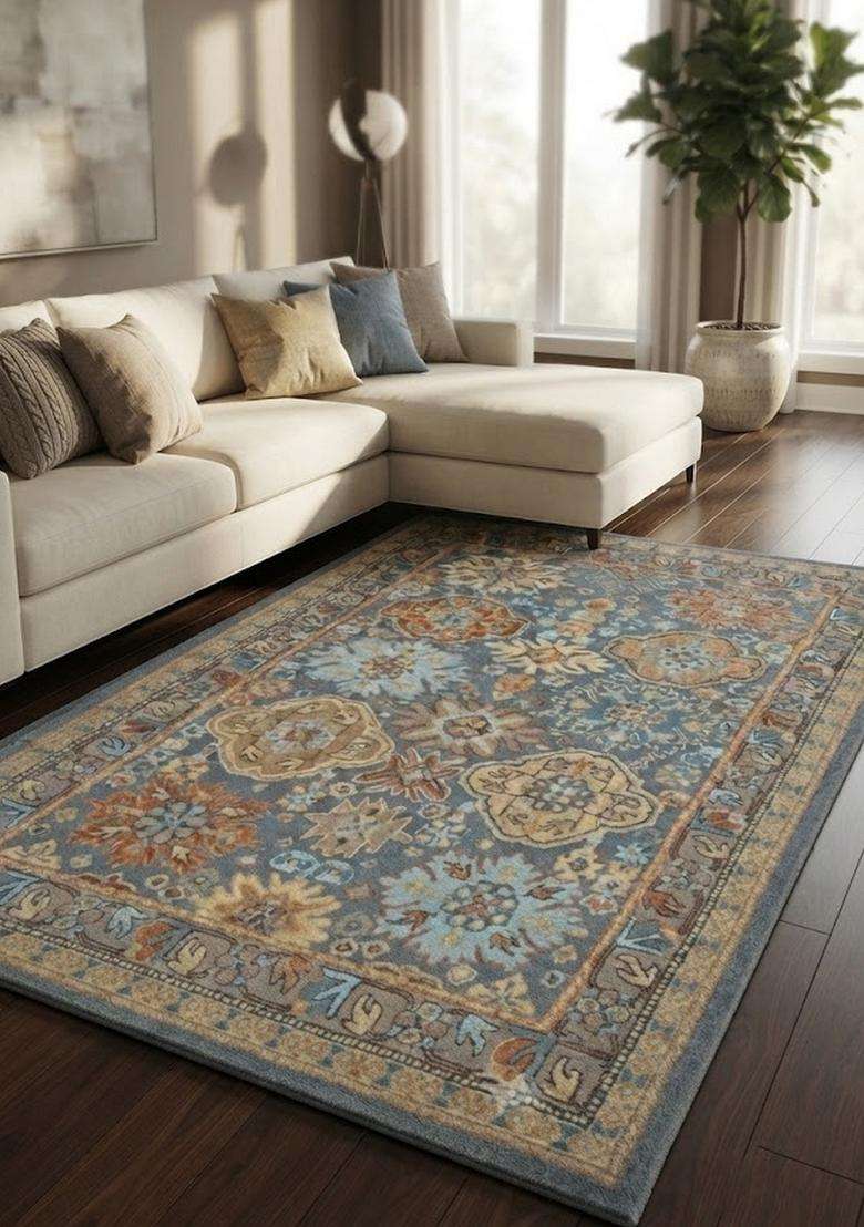 Saffron Rugs Hand-Tufted 100% Wool Area Rug | Steel Blue Rectangular Rug | Cotton Backing | Classic Floral Carpet for Living Room - Indya