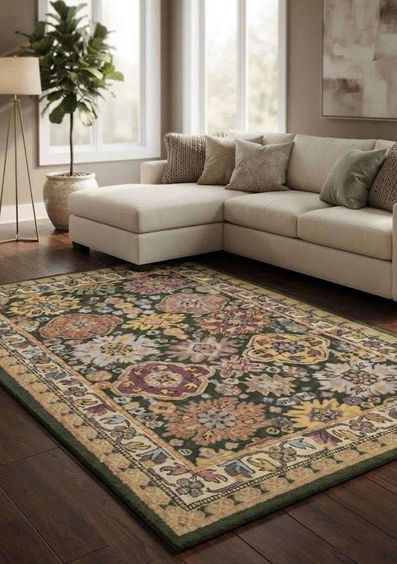 Saffron Rugs Hand-Tufted 100% Wool Area Rug | Dark Green Floral Rectangular Rug | Cotton Backing | Classic Floral Carpet for Living Room - Indya