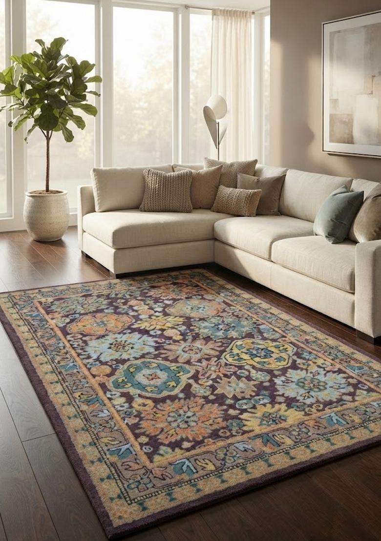 Saffron Rugs Purple Oriental Floral Hand Tufted Wool Rectangular Rug - Indya