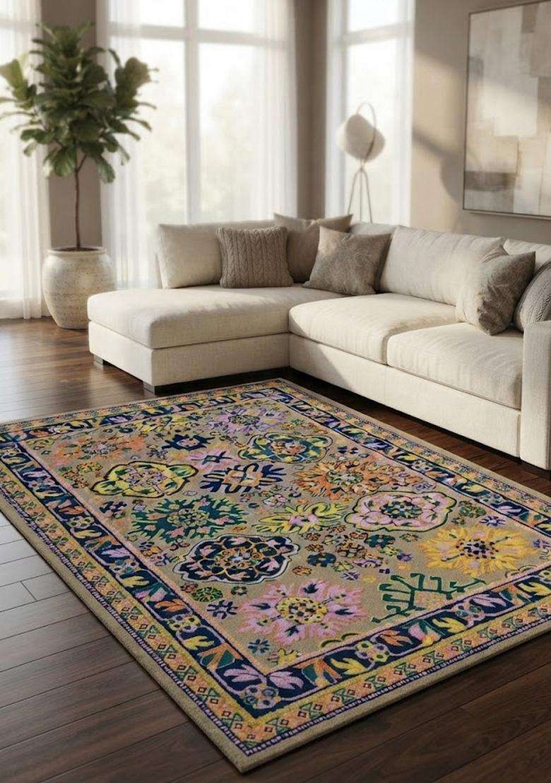 Saffron Rugs Multicolor Oriental Floral Hand Tufted Wool Rectangular Rug - Indya