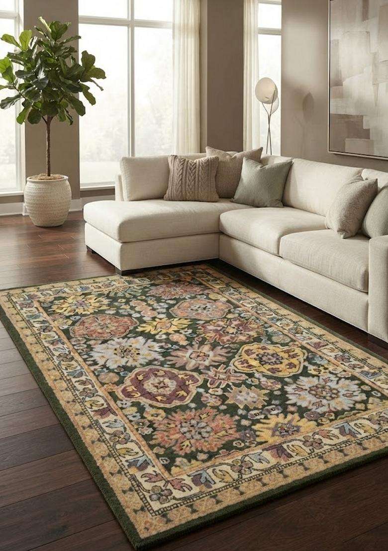 Saffron Rugs Hand-Tufted 100% Wool Area Rug | Dark Green Rectangular Rug | Cotton Backing | Classic Floral Carpet for Living Room - Indya