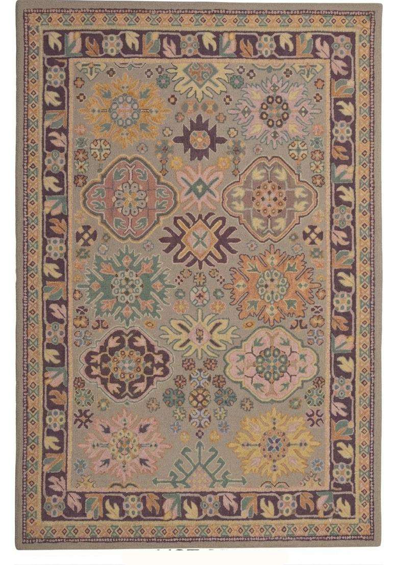 Saffron Rugs Beige Classic Floral Hand Tufted Wool Rectangular Rug - Indya