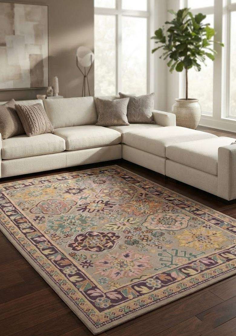Saffron Rugs Hand-Tufted 100% Wool Area Rug | Beige Rectangular Rug | Cotton Backing | Classic Floral Carpet for Living Room - Indya