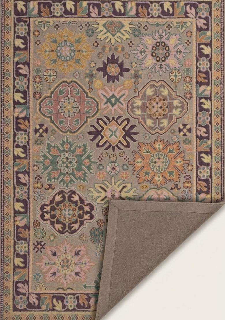 Saffron Rugs Beige Classic Floral Hand Tufted Wool Rectangular Rug - Indya