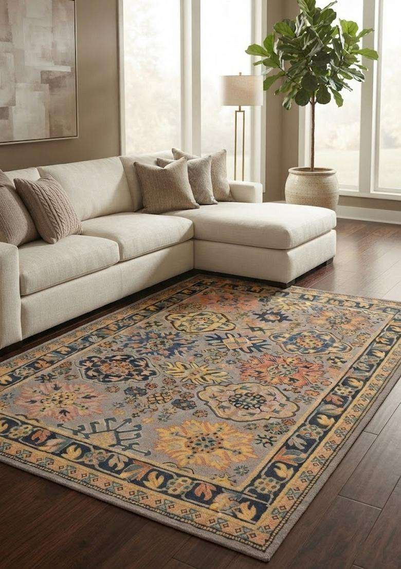 Saffron Rugs Grey Multicolor Oriental Floral Hand Tufted Wool Rectangular Rug - Indya