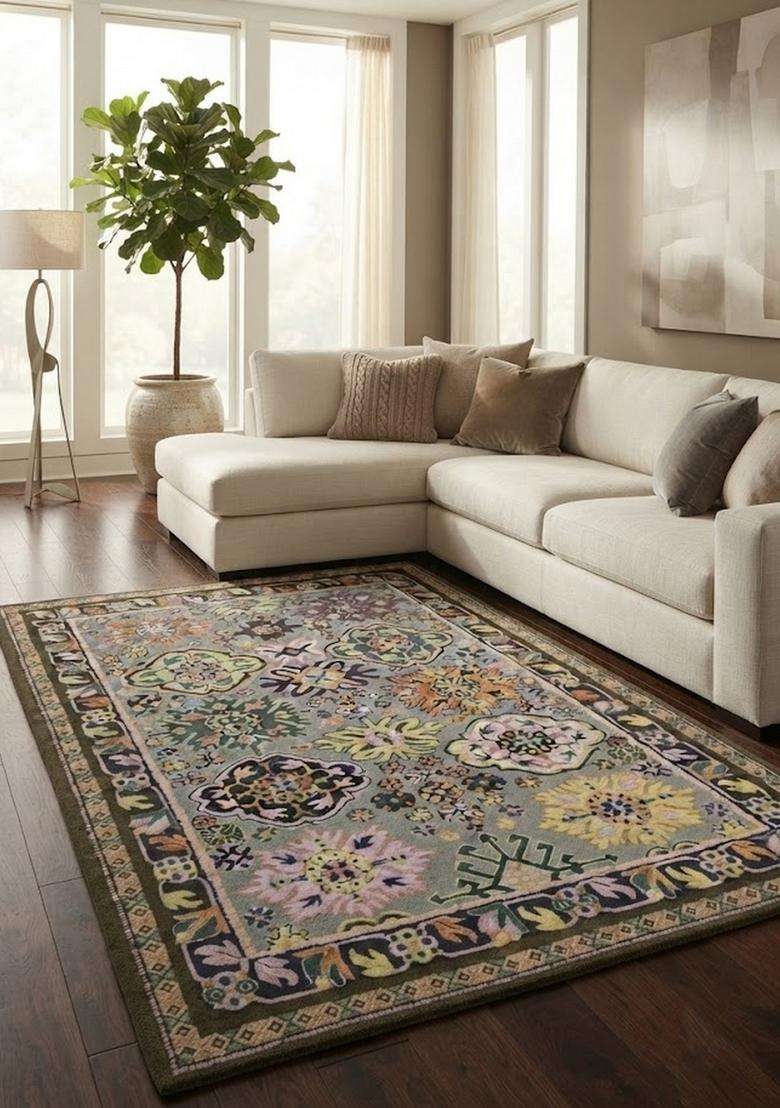 Saffron Rugs Blue Grey Classic Floral Hand Tufted Wool Rectangular Rug - Indya