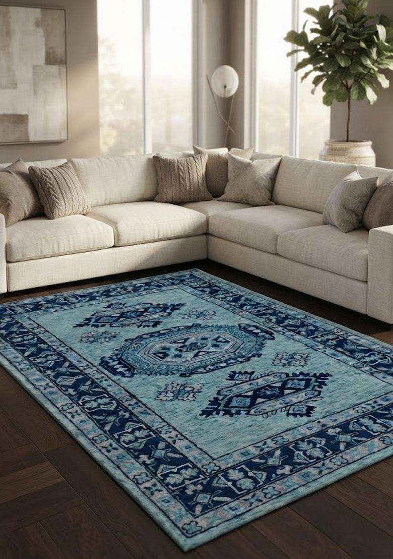 Saffron Rugs Hand-Tufted 100% Wool Area Rug | Light Blue Rectangular Rug | Cotton Backing | Oriental Geometric Carpet for Living Room - Indya