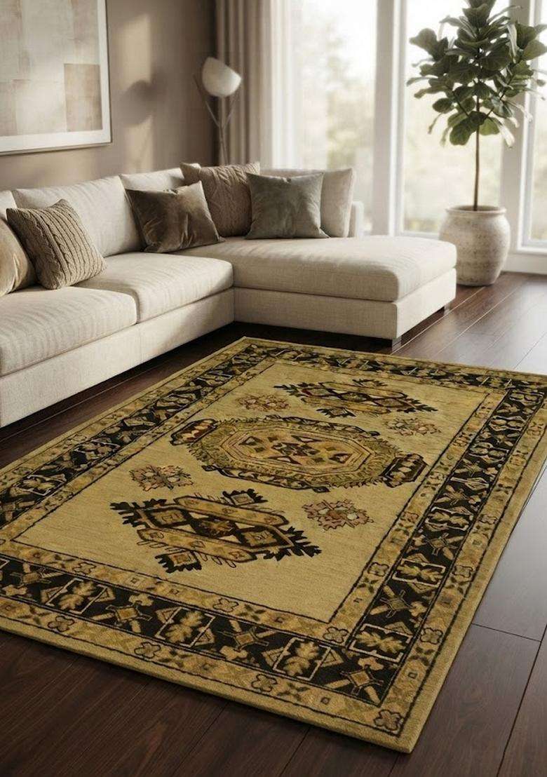 Saffron Rugs Hand-Tufted 100% Wool Area Rug | Golden Olive Rectangular Rug | Cotton Backing | Oriental Geometric Carpet for Living Room - Indya