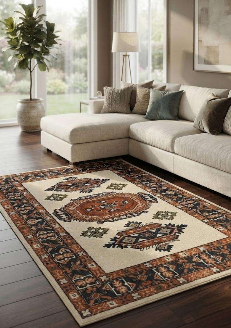 Saffron Rugs Hand-Tufted 100% Wool Area Rug | Ivory Rust Navy Rectangular Rug | Cotton Backing | Oriental Geometric Carpet for Living Room - Indya