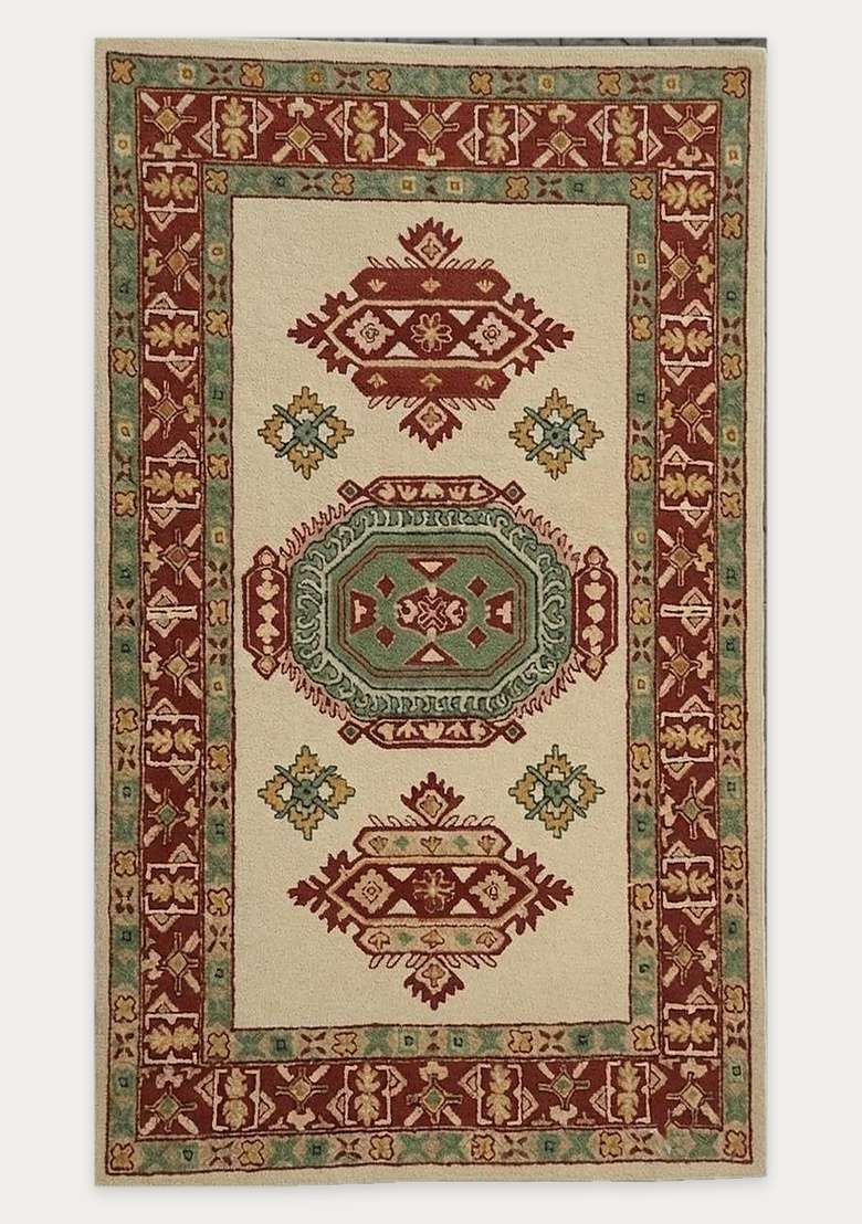 Saffron Rugs Ivory Cream Oriental Geometric Hand Tufted Wool Rectangular Rug - Indya