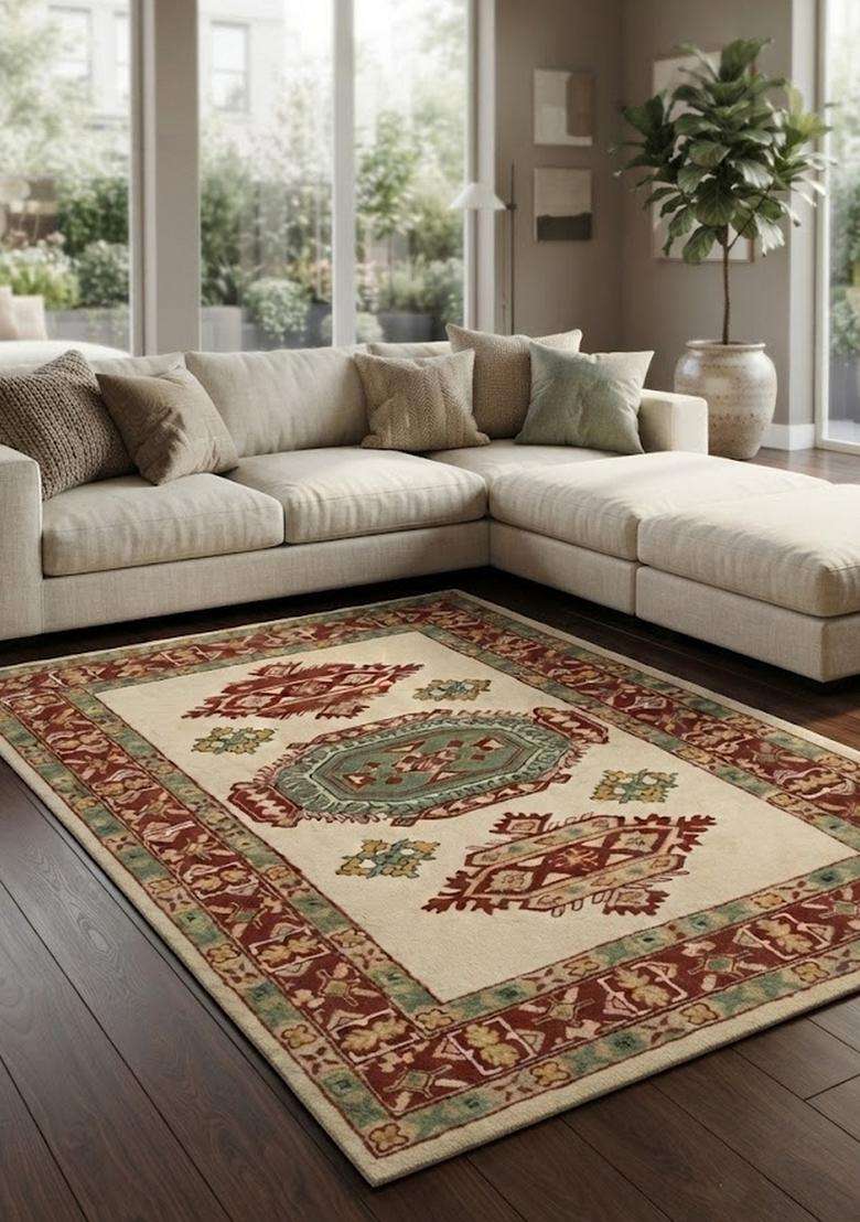 Saffron Rugs Hand-Tufted 100% Wool Area Rug | Ivory Cream Rectangular Rug | Cotton Backing | Oriental Geometric Carpet for Living Room - Indya
