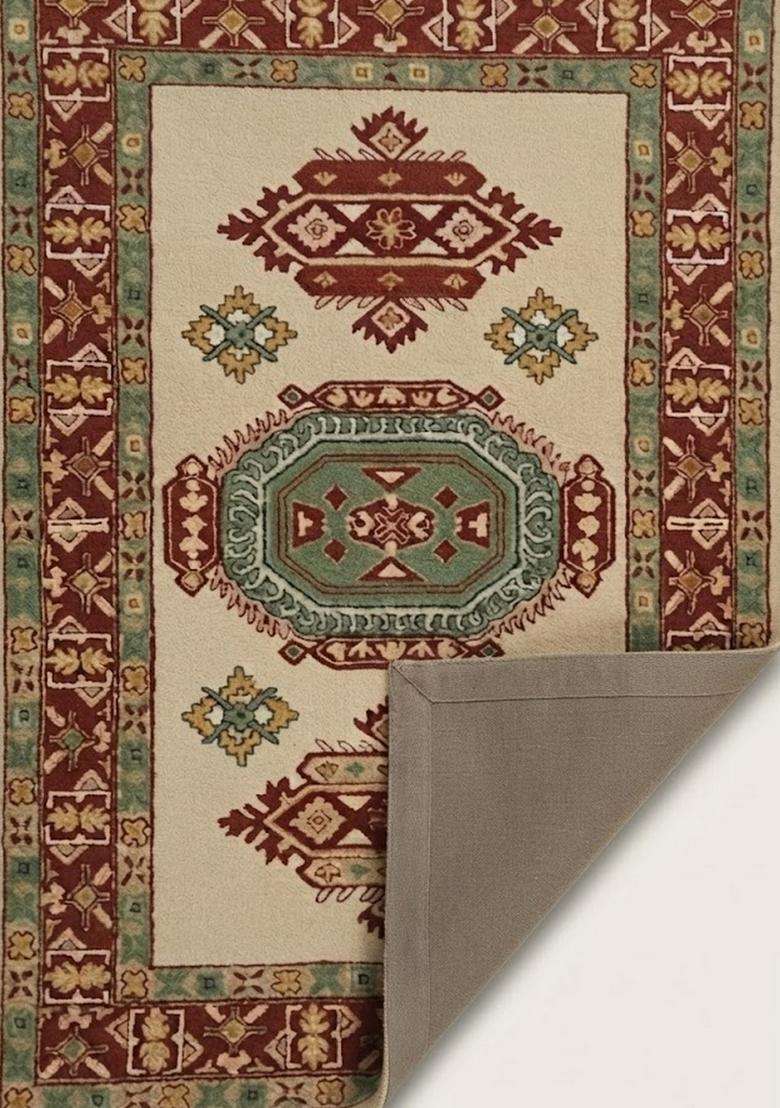 Saffron Rugs Ivory Cream Oriental Geometric Hand Tufted Wool Rectangular Rug - Indya