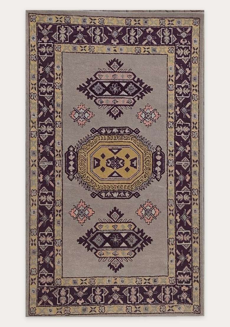 Saffron Rugs Grey Beige Oriental Geometric Hand Tufted Wool Rectangular Rug - Indya