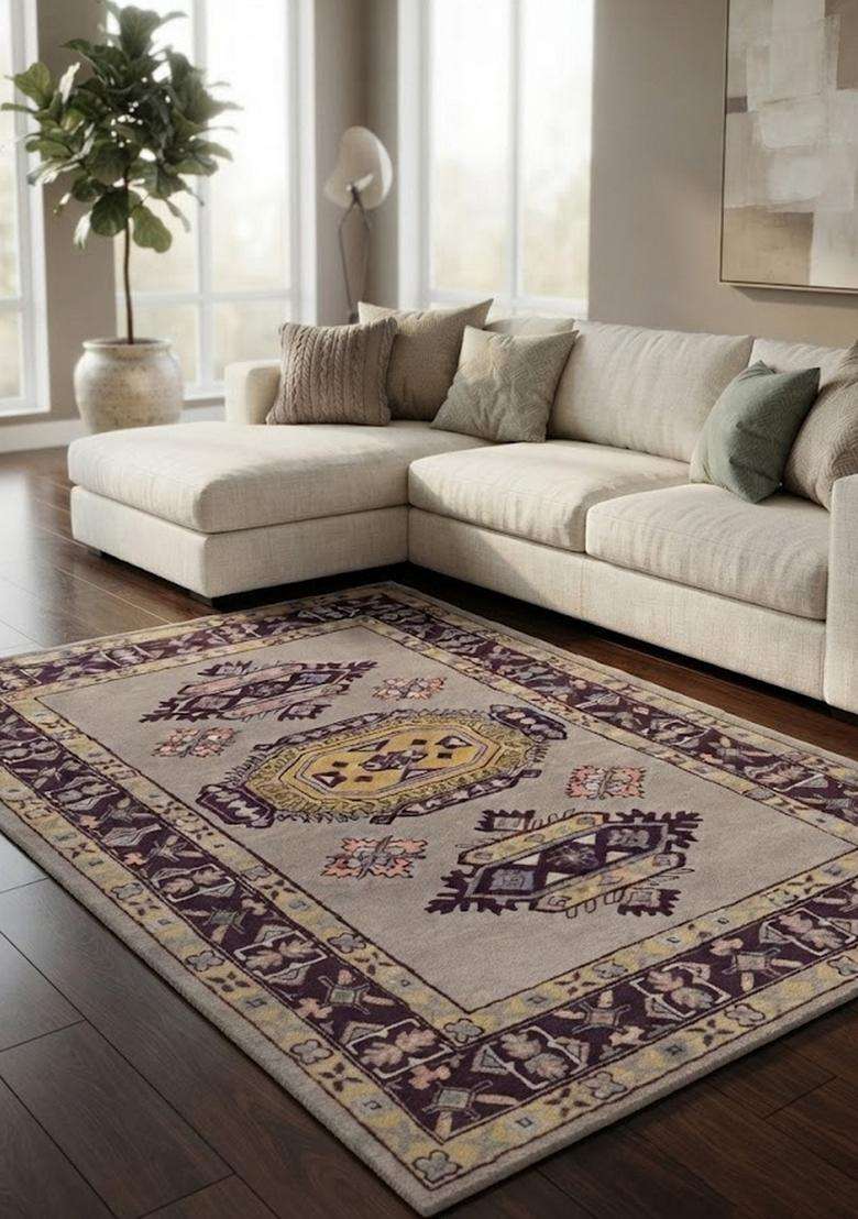Saffron Rugs Hand-Tufted 100% Wool Area Rug | Grey Beige Rectangular Rug | Cotton Backing | Oriental Geometric Carpet for Living Room - Indya