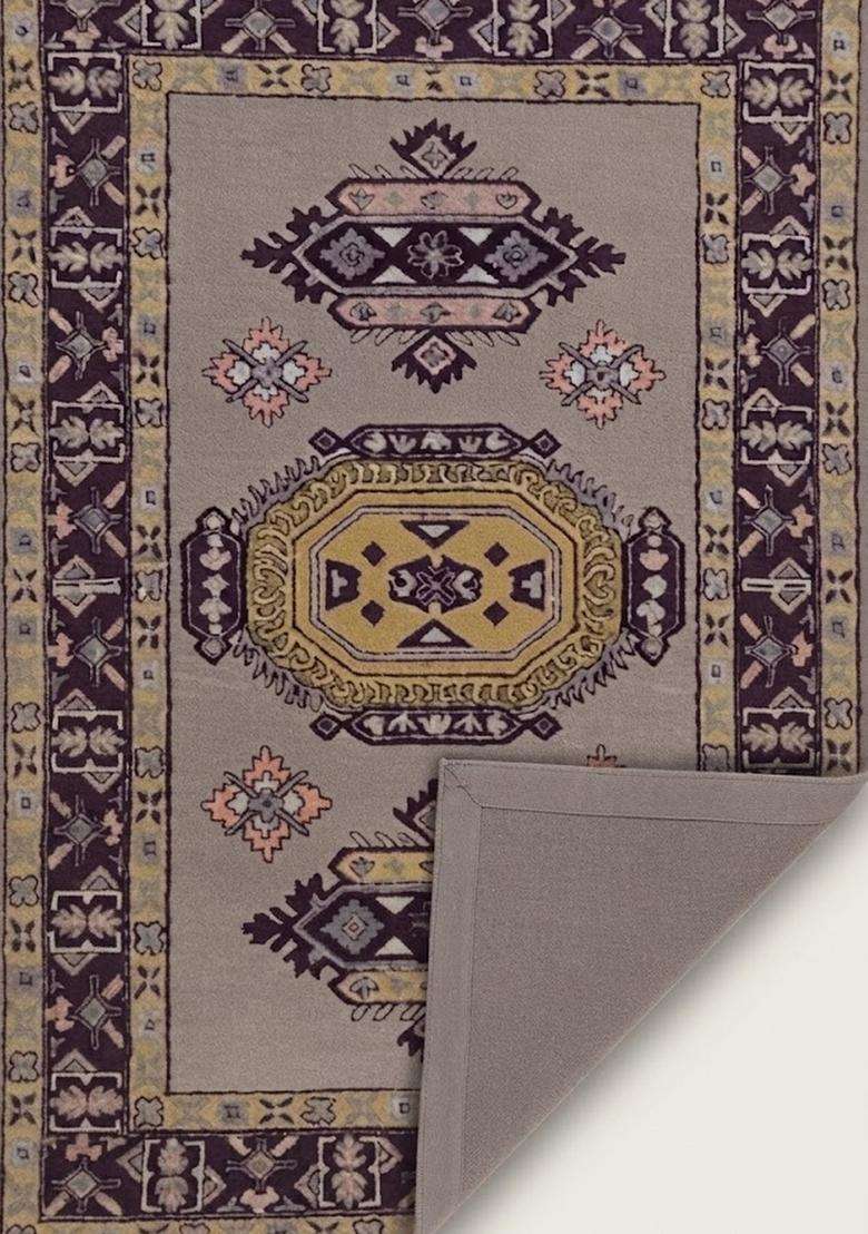 Saffron Rugs Grey Beige Oriental Geometric Hand Tufted Wool Rectangular Rug - Indya