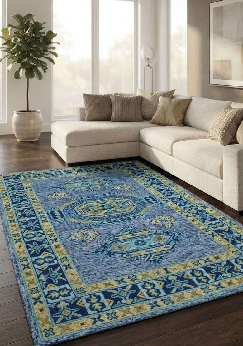 Saffron Rugs Blue Grey Oriental Geometric Hand Tufted Wool Rectangular Rug - Indya