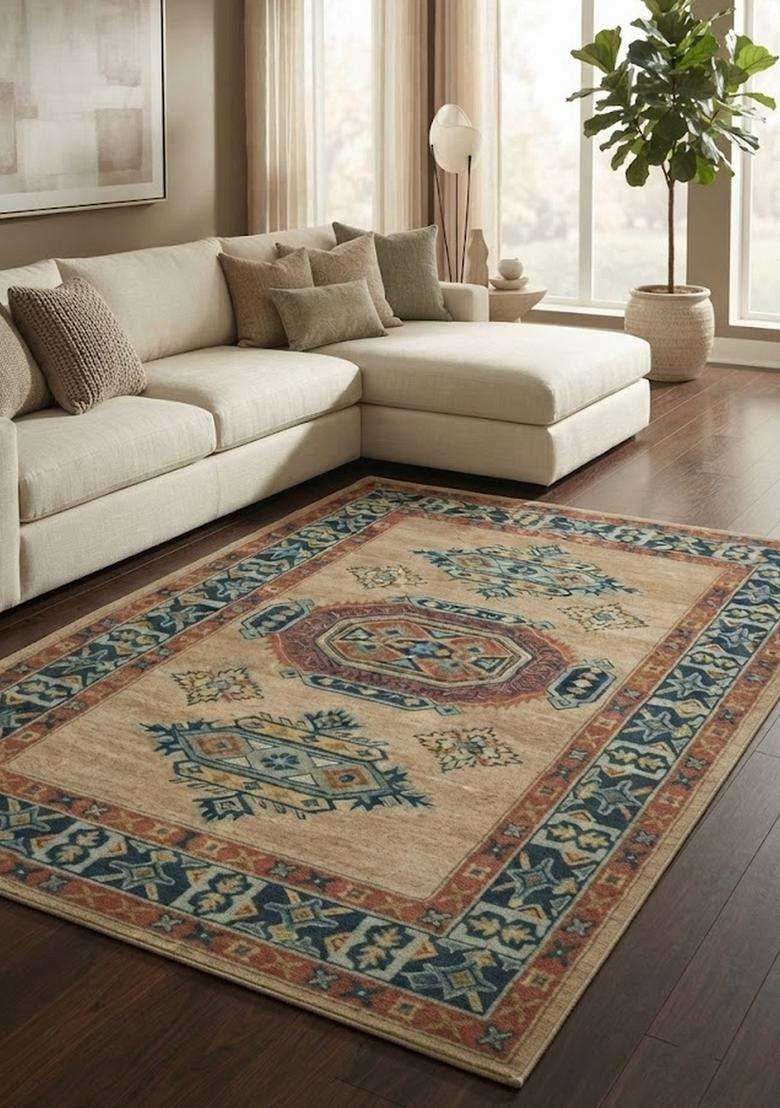 Saffron Rugs Hand-Tufted 100% Wool Area Rug | Beige Rectangular Rug | Cotton Backing | Oriental Geometric Carpet for Living Room - Indya