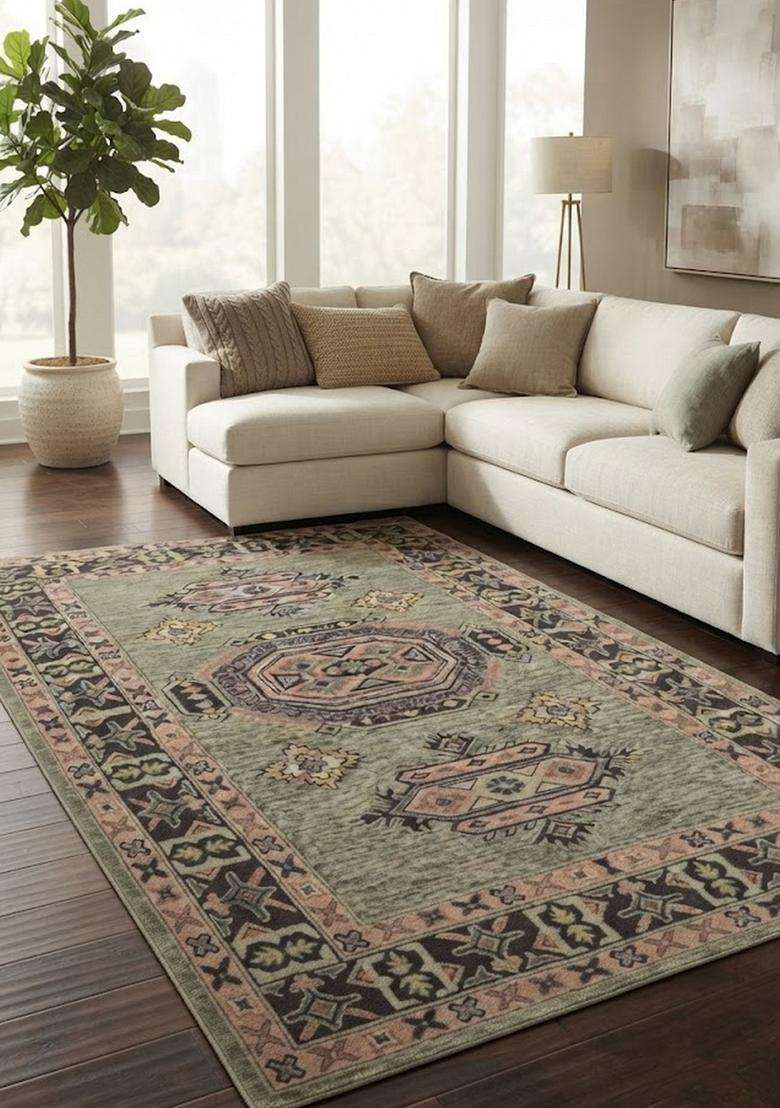 Saffron Rugs Hand-Tufted 100% Wool Area Rug | Sage Green Rectangular Rug | Cotton Backing | Oriental Geometric Carpet for Living Room - Indya