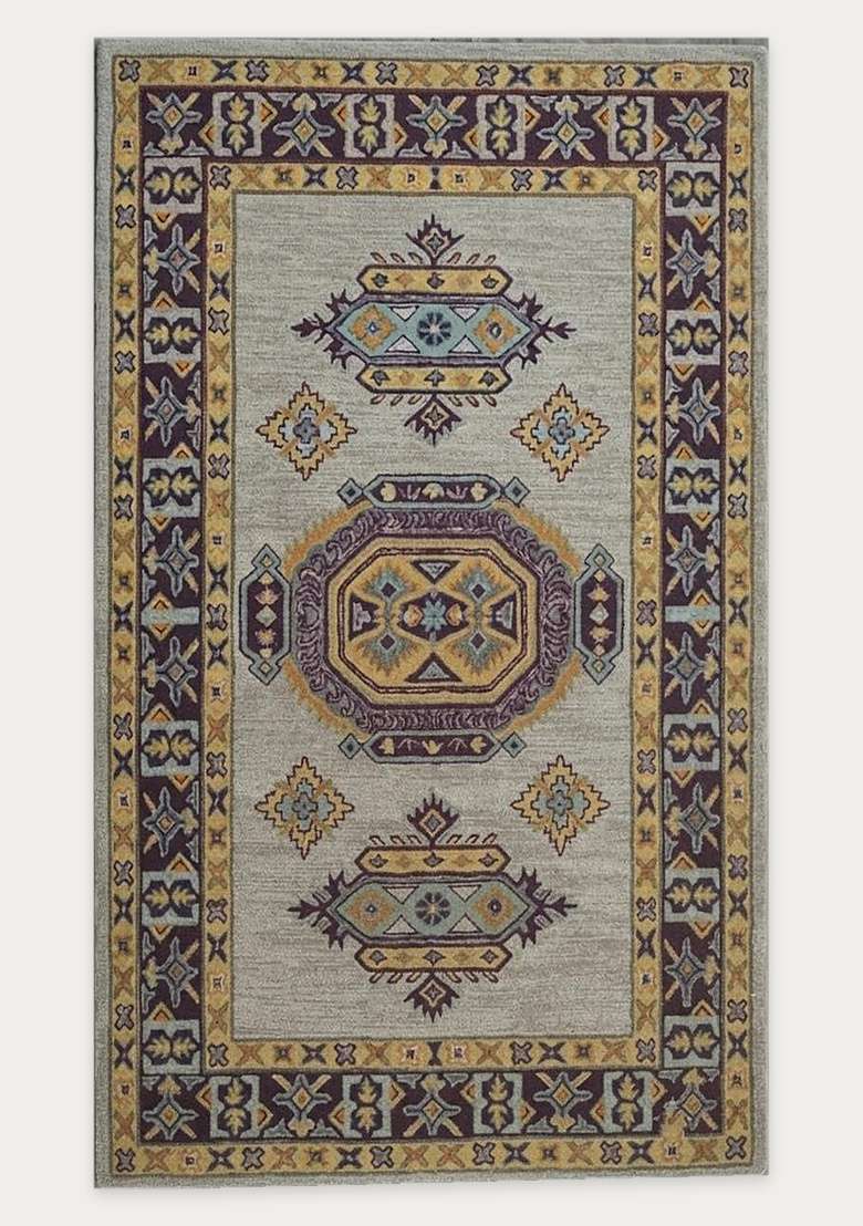 Saffron Rugs Light Grey Oriental Geometric Hand Tufted Wool Rectangular Rug - Indya