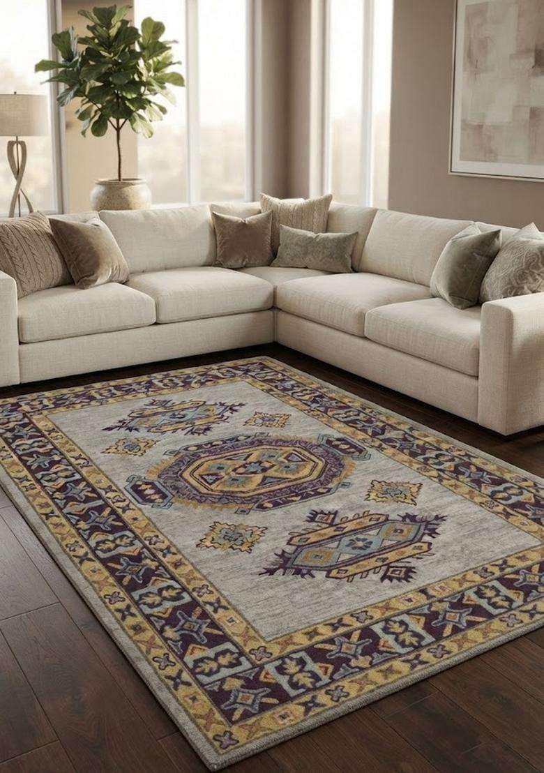 Saffron Rugs Hand-Tufted 100% Wool Area Rug | Light Grey Rectangular Rug | Cotton Backing | Oriental Geometric Carpet for Living Room - Indya