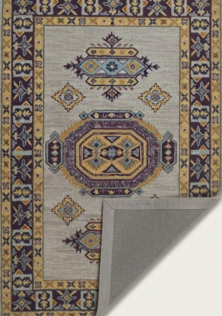 Saffron Rugs Light Grey Oriental Geometric Hand Tufted Wool Rectangular Rug - Indya