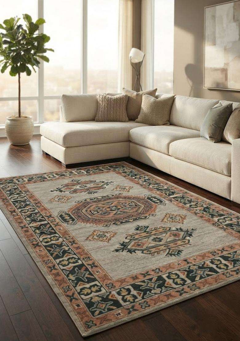 Saffron Rugs Hand-Tufted 100% Wool Area Rug | Light Grey Beige Rectangular Rug | Cotton Backing | Oriental Geometric Carpet for Living Room - Indya