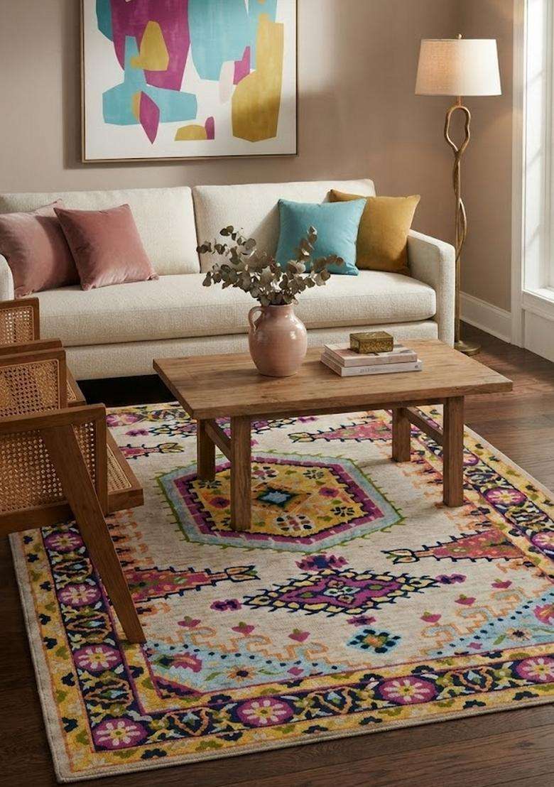 Saffron Rugs Hand-Tufted 100% Wool Area Rug | Multicolor Rectangular Rug | Cotton Backing | Bohemian Geometric Carpet for Living Room - Indya