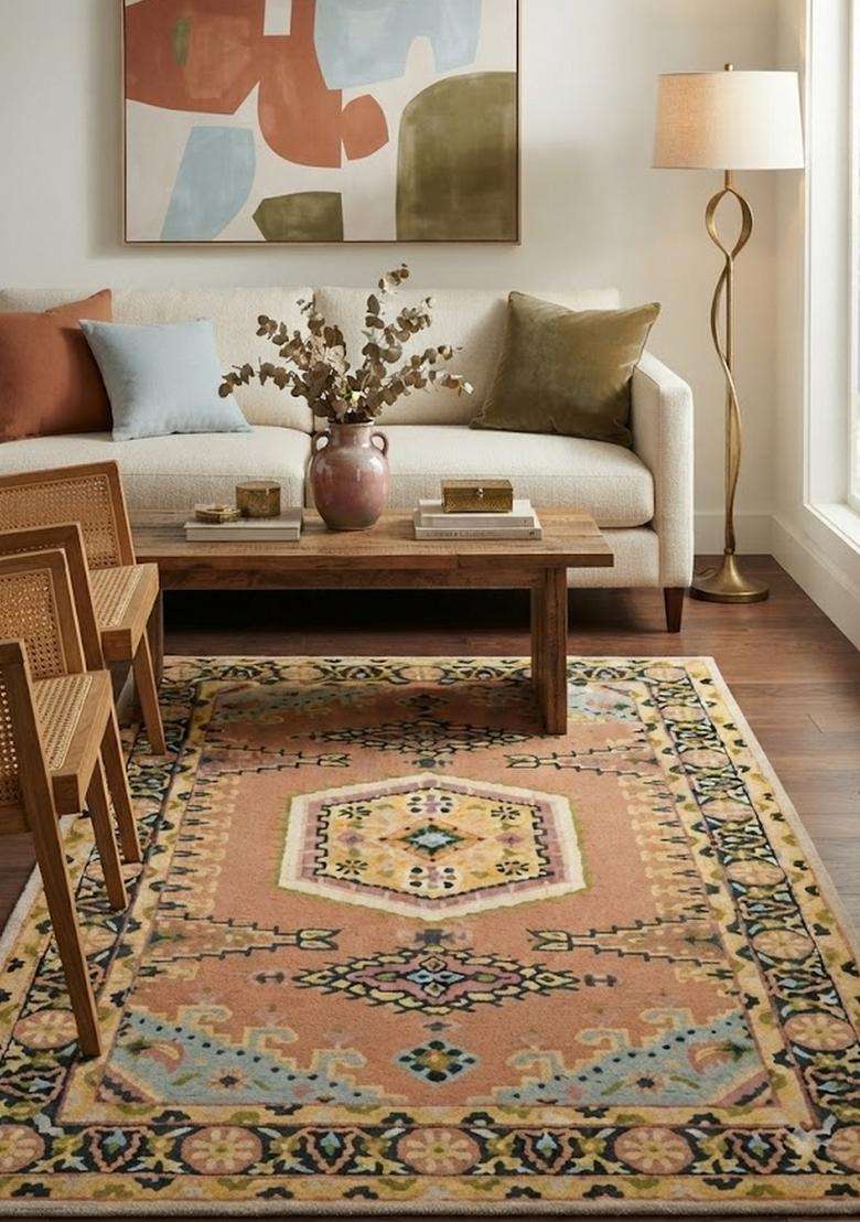 Saffron Rugs Terracotta Oriental Geometric Hand Tufted Wool Rectangular Rug - Indya