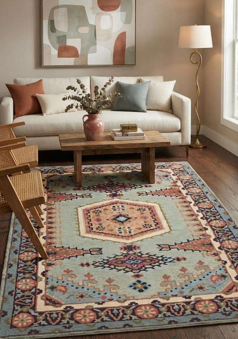 Saffron Rugs Multicolor Sage Blue Oriental Geometric Hand Tufted Wool Rectangular Rug - Indya