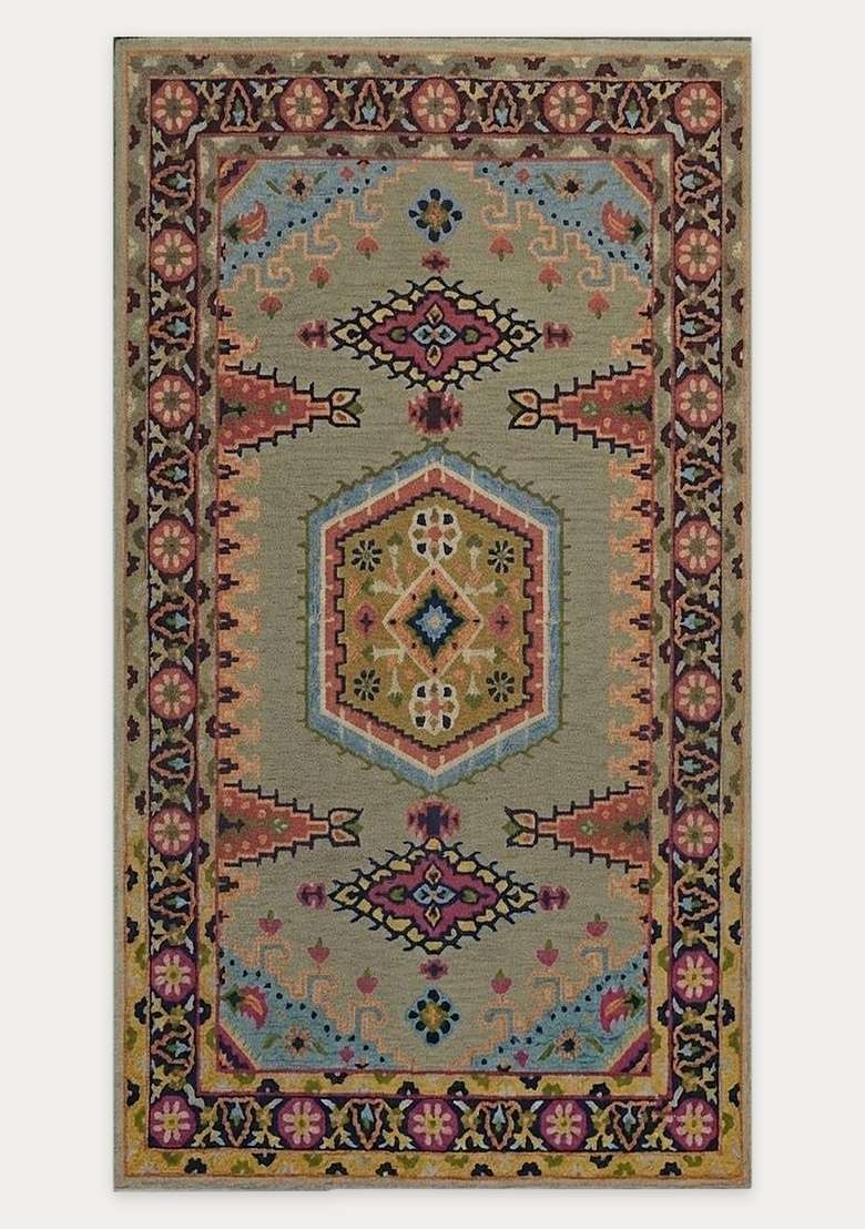 Saffron Rugs Multicolor Oriental Geometric Hand Tufted Wool Rectangular Rug - Indya
