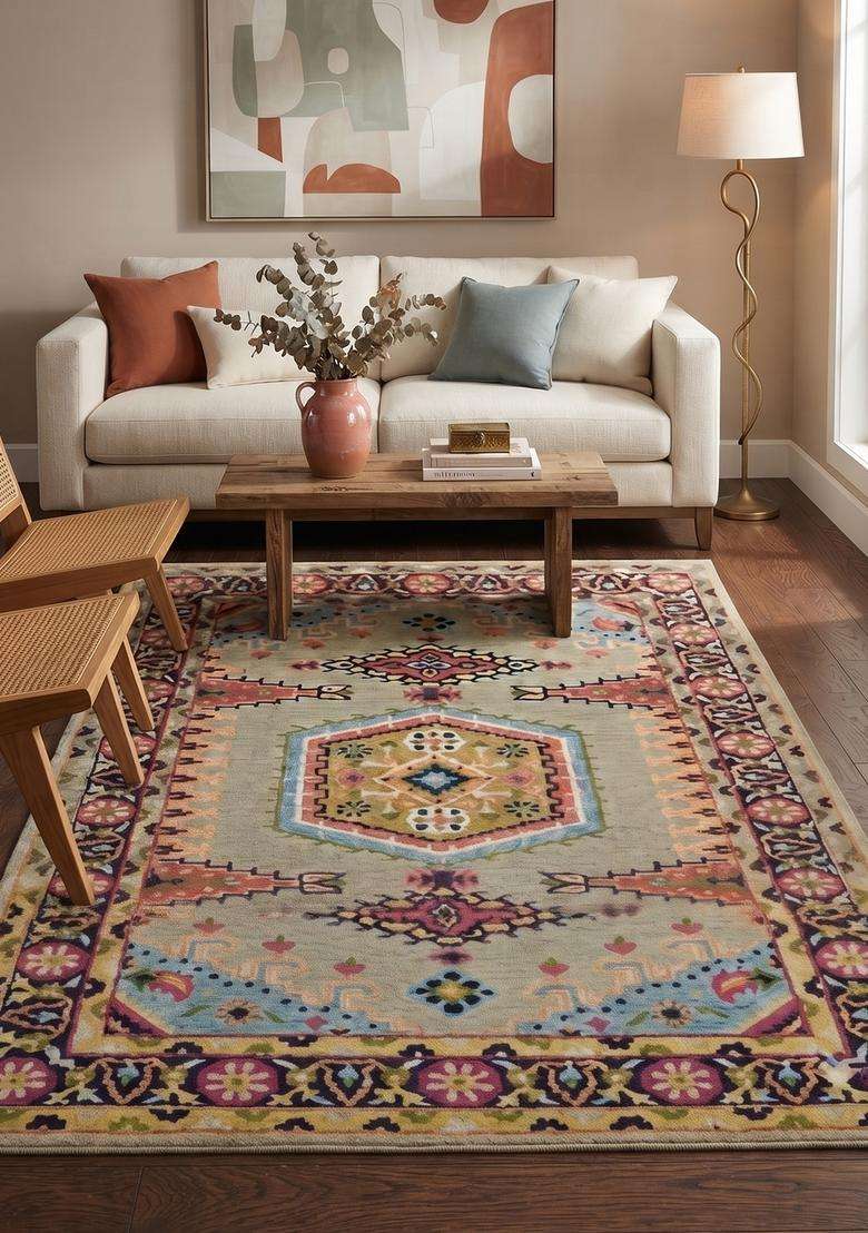 Saffron Rugs Hand-Tufted 100% Wool Area Rug | Multicolor Rectangular Rug | Cotton Backing | Oriental Geometric Carpet for Living Room - Indya