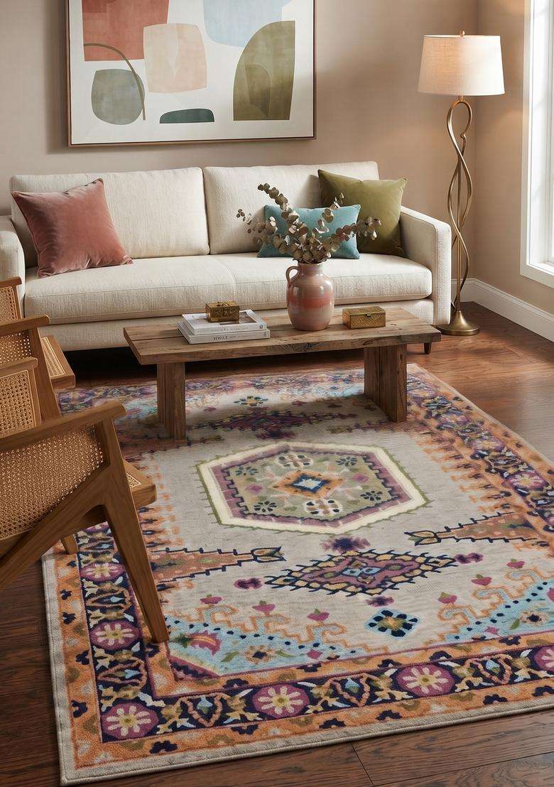 Saffron Rugs Hand-Tufted 100% Wool Area Rug | Light Grey Beige Rectangular Rug | Cotton Backing | Classic Geometric Carpet for Living Room - Indya