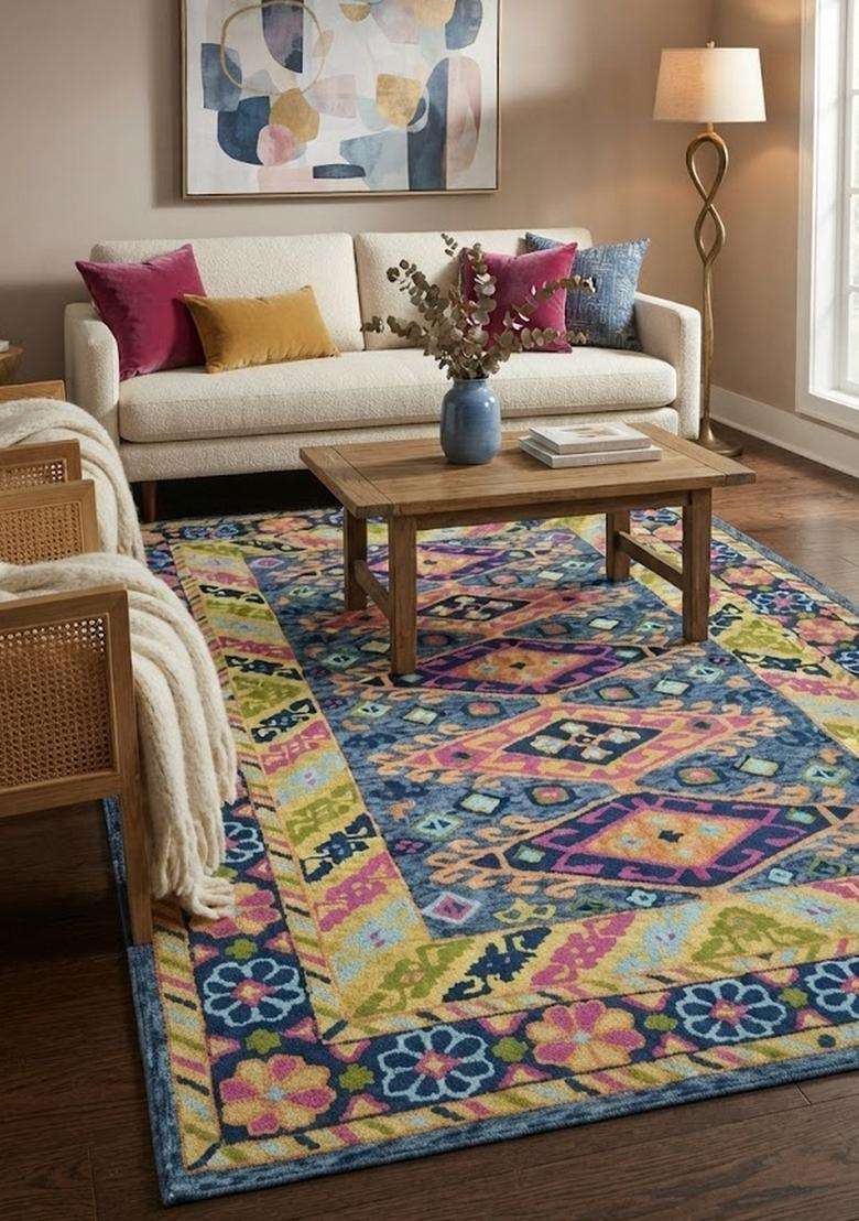 Saffron Rugs Hand-Tufted 100% Wool Area Rug | Multicolor Rectangular Rug | Cotton Backing | Bohemian Geometric Carpet for Living Room - Indya