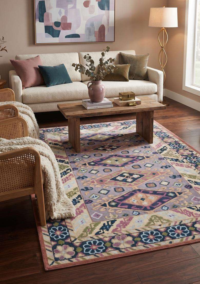Saffron Rugs Hand-Tufted 100% Wool Area Rug | Lavender Purple Rectangular Rug | Cotton Backing | Bohemian Geometric Carpet for Living Room - Indya
