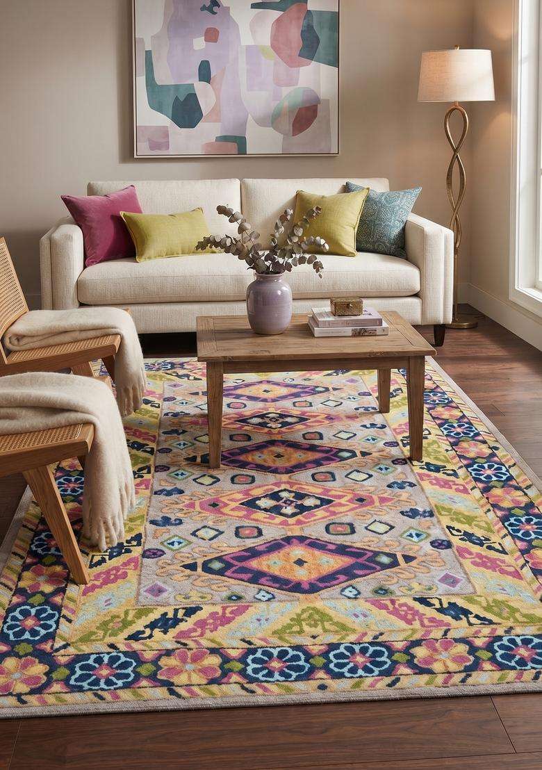 Saffron Rugs Hand-Tufted 100% Wool Area Rug | Multicolor Rectangular Rug | Cotton Backing | Bohemian Geometric Carpet for Living Room - Indya