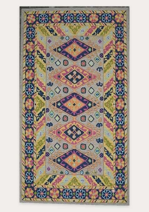 100% Wool Handmade Multicolor Rug | Bohemian Geometric Carpet With Cotton Backing For Living Room