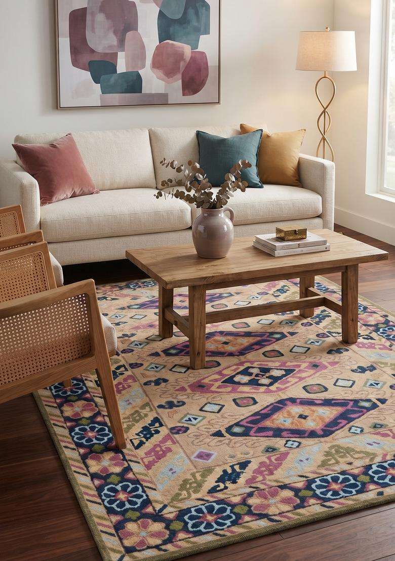 Saffron Rugs Hand-Tufted 100% Wool Area Rug | Beige Rectangular Rug | Cotton Backing | Oriental Geometric Carpet for Living Room - Indya