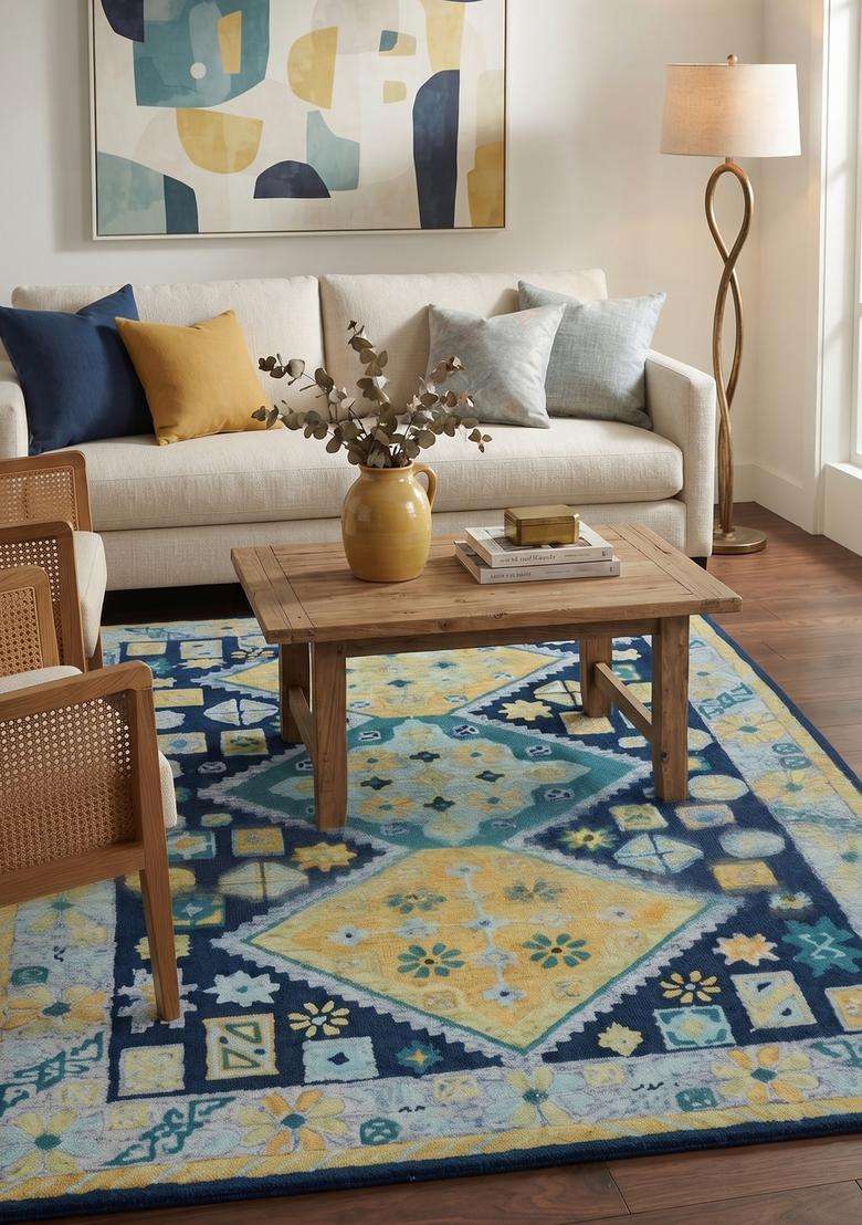 Saffron Rugs Navy Blue Teal Moroccan Geometric Hand Tufted Wool Rectangular Rug - Indya