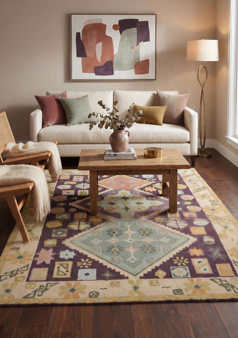 Saffron Rugs Hand-Tufted 100% Wool Area Rug | Purple Multicolor Rectangular Rug | Cotton Backing | Bohemian Geometric Carpet for Living Room - Indya