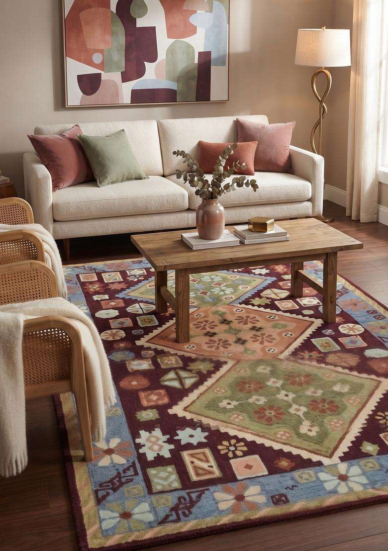 Saffron Rugs Wine Oriental Geometric Hand Tufted Wool Rectangular Rug - Indya