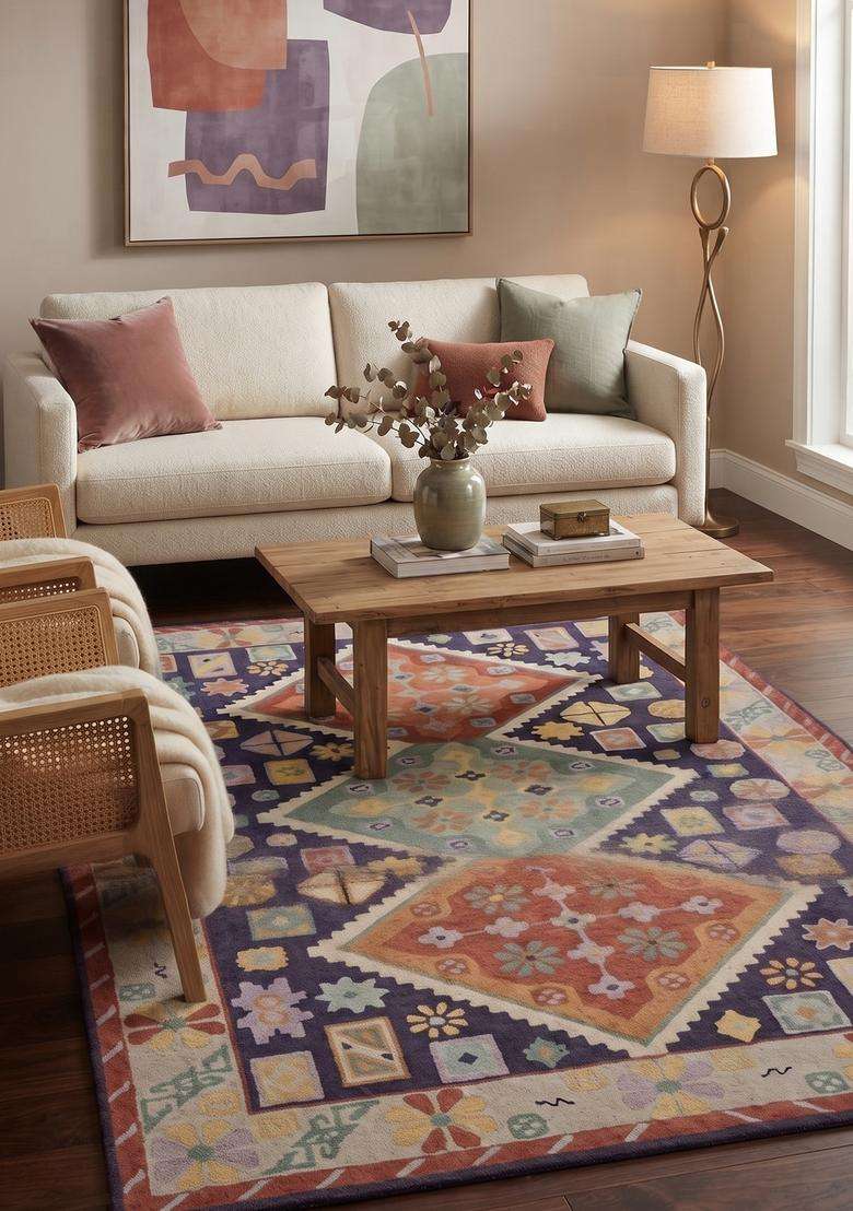 Saffron Rugs Hand-Tufted 100% Wool Area Rug | Multicolor Rectangular Rug | Cotton Backing | Bohemian Geometric Carpet for Living Room - Indya