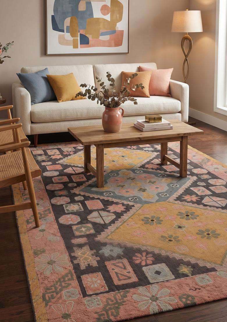 Saffron Rugs Multicolor Bohemian Geometric Hand Tufted Wool Rectangular Rug - Indya