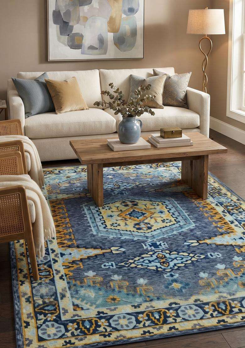 Saffron Rugs Navy Blue Bohemian Geometric Hand Tufted Wool Rectangular Rug - Indya