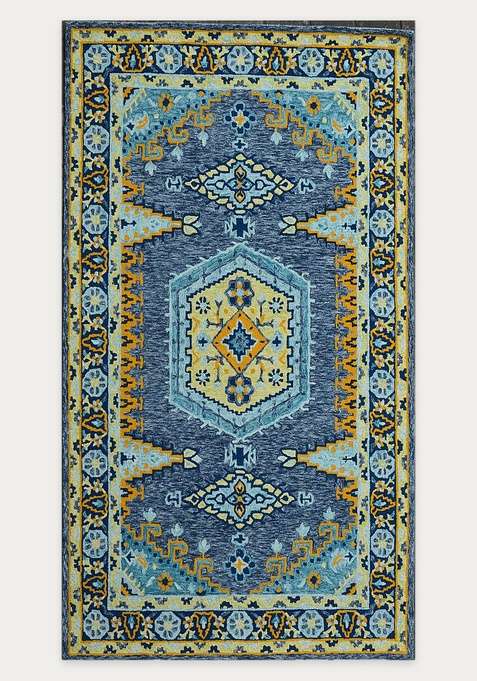 100% Wool Handmade Navy Blue Rug | Bohemian Geometric Carpet With Cotton Backing For Living Room