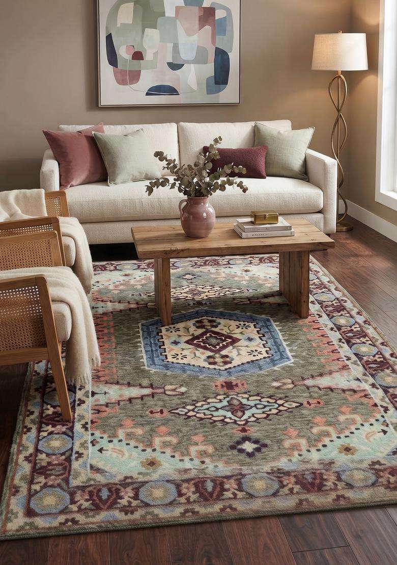 Saffron Rugs Hand-Tufted 100% Wool Area Rug | Olive Green Rectangular Rug | Cotton Backing | Oriental Geometric Carpet for Living Room - Indya