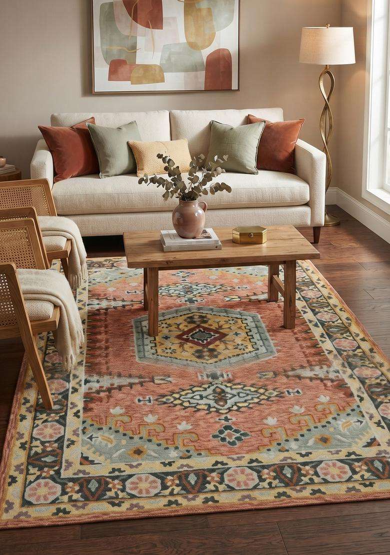 Saffron Rugs Hand-Tufted 100% Wool Area Rug | Terracotta Rectangular Rug | Cotton Backing | Bohemian Geometric Carpet for Living Room - Indya