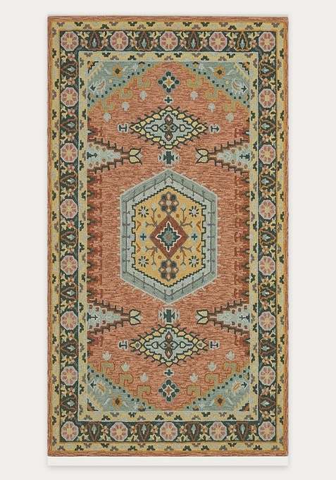 100% Wool Handmade Terracotta Rug | Bohemian Geometric Carpet With Cotton Backing For Living Room